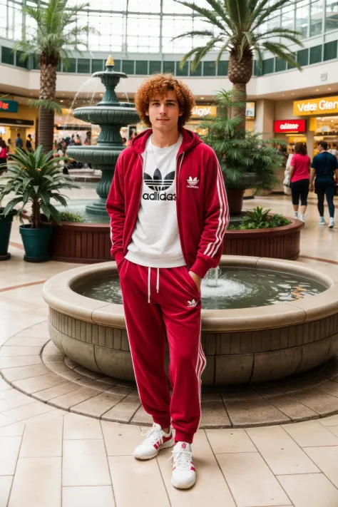 vintage 80s photo of a man, computer programmer type, with light red head Rocker hair, Velour tracksuit, white tube socks, Adida...