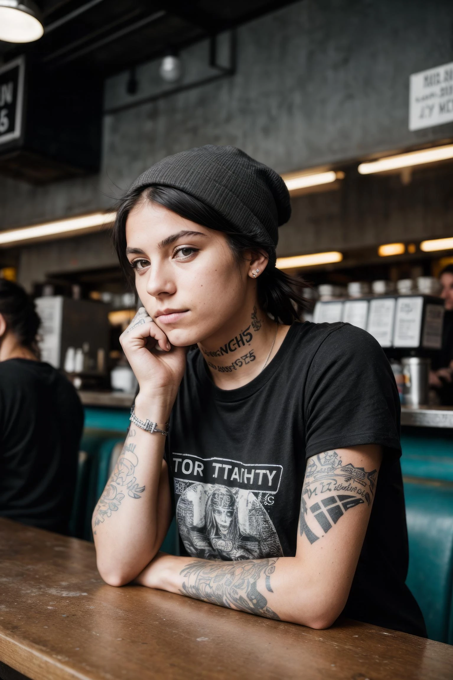 fotografia de rua crua e corajosa, simples limpo terra jovem hacker fêmea, camiseta punk preta, tatuagens no braço, sentado em uma lanchonete de rua movimentada e lotada, Filmado com Canon EOS 5D Mark IV 