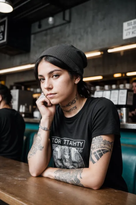 gritty raw street photography, plain clean earthy young female hacker, black punk t-shirt, tattoos on her arm, sitting in a busy...