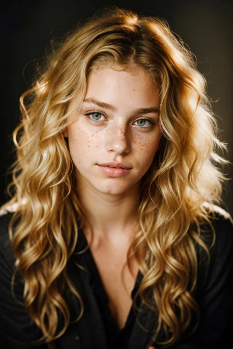 a photo portrait of a beautiful girl with curls and lots of freckles, (dirty blonde hair:1.10), (face portrait:1.5), dramatic light, Rembrandt lighting scheme