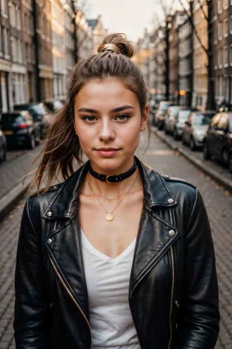 portrait photo of a young french woman, natural skin, golden hour lighting, leather jacket, choker necklace, ponytail, Amsterdam...