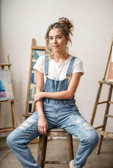 (candid photo:1.3), a beautiful artist wearing jeans dungarees relaxing in her art studio after painting a big canvas, sneakers,...
