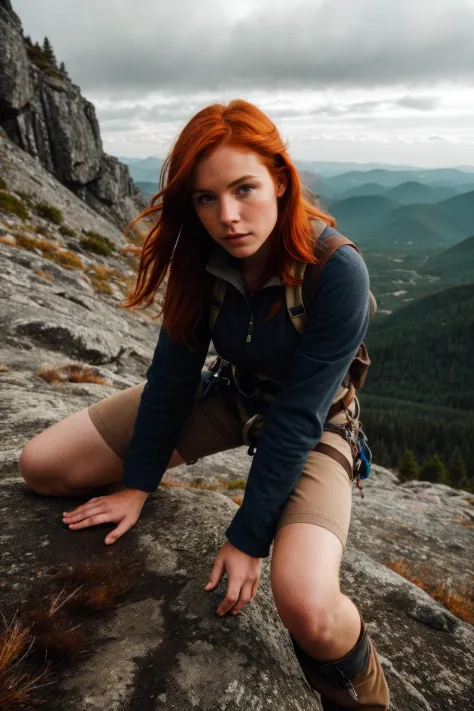 hdr, a redhead woman, climbing on mountains, closeup, intricate details, hyperdetailed, cinematic, dark shot, muted colors, film grainy, soothing tones, muted colors, technicolor, (muddy:0.6)