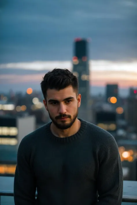 closeup photo of a man wearing fitted sweater, facial hair, blurred city skyline, urban rooftop, twilight, natural light, city l...