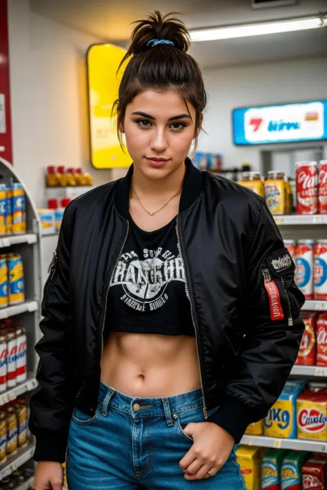 candid photography photo of a 23 year old european woman, upper body, undercut hairstyle, fit body, punk shirt, jeans, bomber ja...