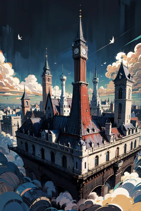 there is a painting of a castle in the sky with a clock tower