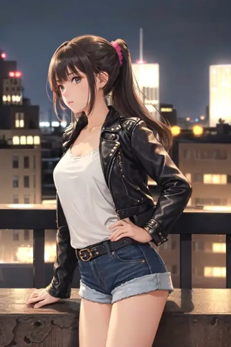 (1girl), (solo), solo focus, hair scrunchie, hairpin, sidelocks, brunette,  leather jacket, denim shorts,  building, rooftop bar, night sky, (contrapposto), standing,