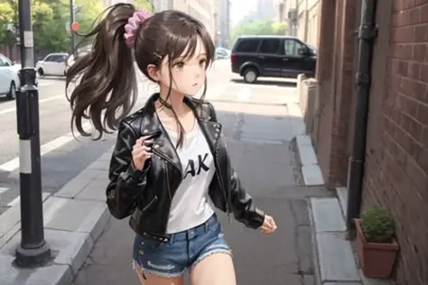 1girl, hair scrunchie, hairpin, sidelocks, brunette, leather jacket, denim shorts, bokeh:0.12, jogging,