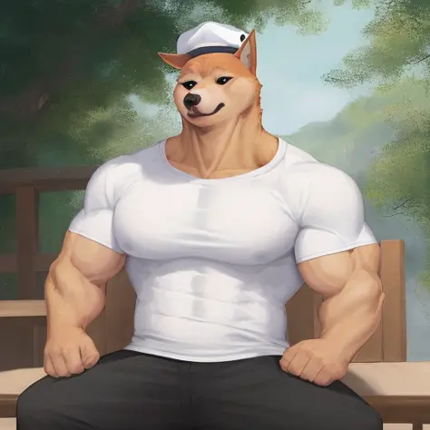 a majestic airbrush painting of [(((buff Swoledoge))):buff Swoledoge:4], relaxing in a white shirt and hat, cinematic dramatic l...