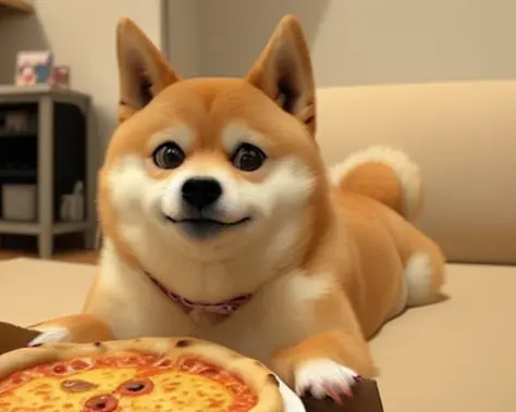 a photo of a cute ((doge)) with a box of pizza, soft render, low detail, ultra graphics, cinematic dramatic light, advanced perspective, colourful, happy, bokeh<lora:doge:0.8>