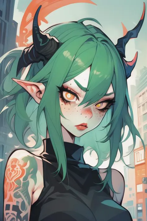 a girl with green hair and horns on her head