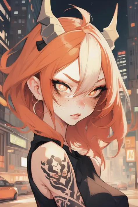 ginger hair, grey eyes, freckles, freckles, 1girl, v1x0nstyl3 horns, nose, (detailed pupils and retina:1.5), cityscape, loose tank top, tattoos,