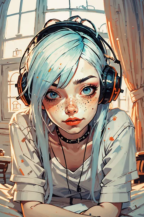 (masterpiece), 1girl, lying on a bed, white hair, aquamarine eyes, freckles, headphones, parted lips, smile, looking at vieer, oversized shirt, boyfriend shirt, small room, morning, bright colors, <lora:v1x0nstyl3:1> v1x0nstyl3, symmetrical composition, fisheye, face close up, light from window