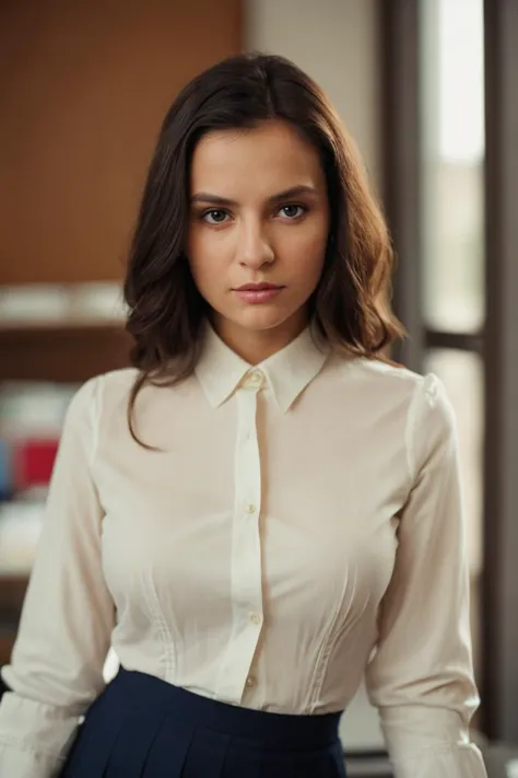 Film still, cinematic, close up portrait of a cute woman, at the office wearing blouse and skirt, tall socks, shot on film, shar...