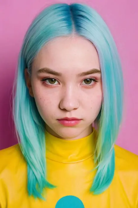 a woman with blue hair and a yellow shirt posing for a picture