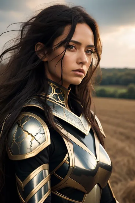 a woman in armor standing in a field with a cloudy sky