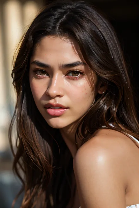 a close up of a woman with long hair wearing a white top