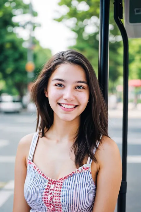 Portrait photo of a 25-year-old woman, bus stop, background blurred, high DSLR, hot summer day, smiling
