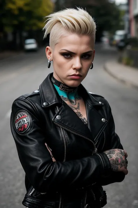 a woman with a tattoo on her arm and a leather jacket