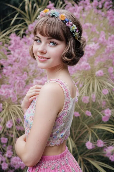 a close up of a woman in a pink dress with a flower crown