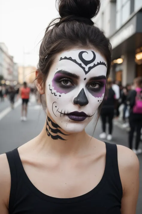 schlaksige Frau, Teilnahme an einem Protest, dunkles Haar, Abscheuliche unordentliche Dutt-Frisur, Tag der Toten Gesichtsbemalung, Haarklammer