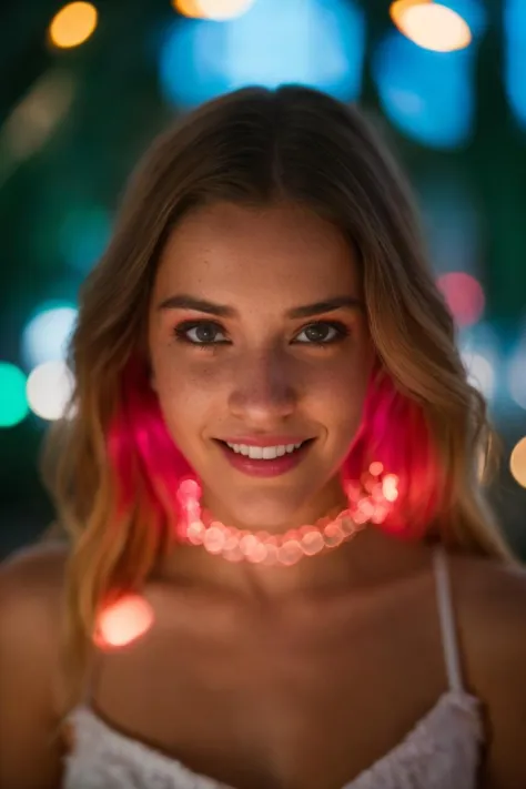 Film still, cinematic, fashion editorial portrait of a cute woman, Christmas lights, smiling, full body, motion blur, slow shutter speed, bokeh, shot on film, sharp focus, shot on canon, vibrant tones, colorful, low key, (detailed skin texture, detailed eyes)