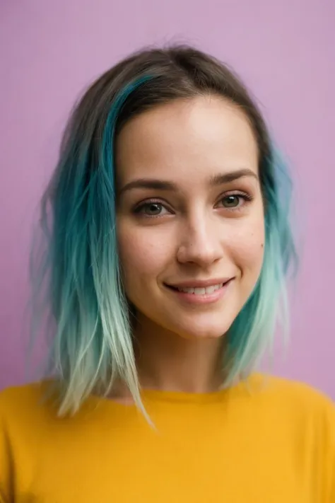 Film still, cinematic, flash photography, 2005 cute emo woman, smiling, scene girl, pastel hair, vibrant yellow background, shar...