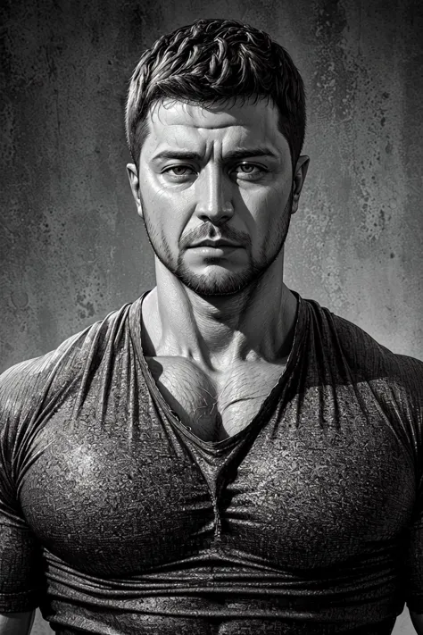 portrait, solo, upper body, detailed background, detailed face, (masculine:1.2), Zelenskyy, Volodymyr Zelenskyy, a man, wide (neck:1.2), (chiseled:1.2) face, large trapezius muscle,  muscular, grayscale, monochrome, <lora:Zelenskyy:0.9>