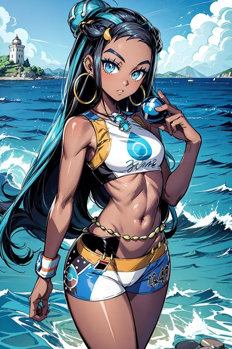 thick outlines, comics, photorealistic, masterpiece:1.2, 1girl, solo, holding pokeball, <lora:Nessa:1>, nessa, black hair, blue hair, long hair, multicolored hair, blue eyes, dark skin, single hair bun, armlet, belly chain, bikini, crop top, shorts, single glove, hoop earrings, necklace, midriff, navel, docks, lighthouse, town near the sea, detailed background, detailed face, detailed eyes, <lora:add_detail:0.7>