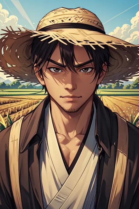 portrait, solo, upper body, looking at viewer, detailed background, detailed face, 1boy, Humble farmer-turned-samurai, rough hands, worn clothing, straw hat, content expression, lush rice fields, inner strength, <lora:ManyBladesAIv20.2>