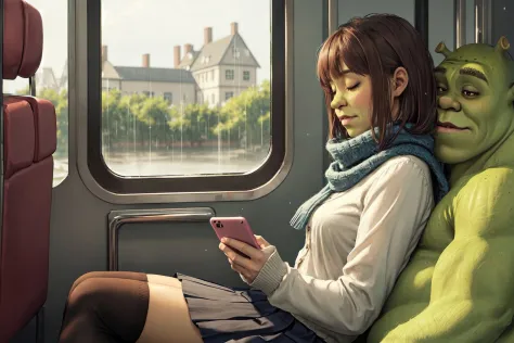 masterpiece, solo, dynamic angle, detailed face, portrait picture of (shrex:1.1), shrex, green skin, ogre, shrek, solo, heavy rain, train interior,  blush, skirt, brown hair, shirt, thighhighs, long sleeves, sitting, school uniform, white shirt, pleated skirt, thighhighs, window, phone, sleeping, cardigan, cellphone, light particles, knitted scarf, reflection, <lora:ShrekDoguVersion2:0.8>  <lora:transportation_by_window:0.4>