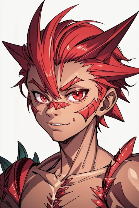 portrait, solo, upper body, looking at viewer, detailed background, detailed face, 1boy, kobold, small and scaly, round face shape, glowing red eye color, spiky green scales, primitive loincloth, mischievous expression, tricky feeling of the image.