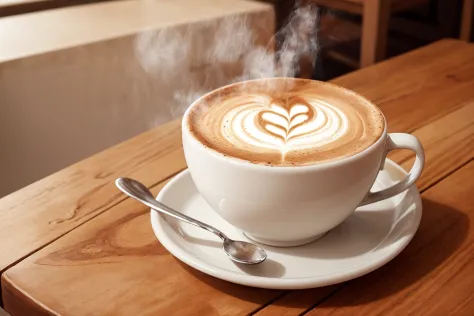 white cup, coffee, steaming, latte art, wooden table, warm setting, warm feeling to image, spoon,