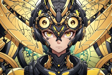 portrait, solo, upper body, looking at viewer, detailed background, detailed face, 1boy, Kobori, insectoid engineers, luminous yellow compound eyes, exoskeleton with intricate patterns, adorned with mechanical gears and tools, focused expression, masters of invention feeling of the image.