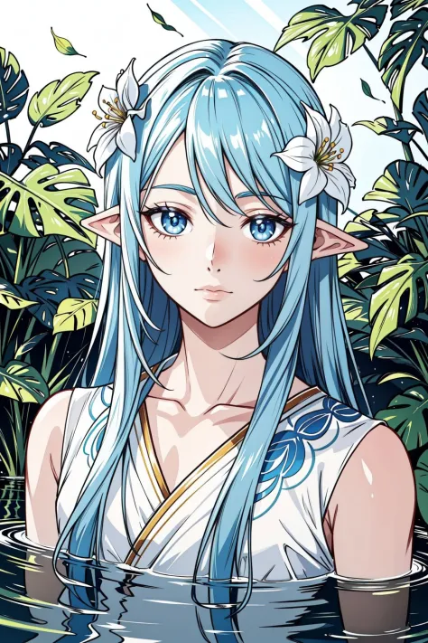 portrait, solo, upper body, looking at viewer, detailed background, detailed face, 1boy, Nymph, ethereal nature spirits, soothing blue eyes, hair that flows like leaves or water, adorned with flowers and natural elements, serene expression, caretakers of the natural world feeling of the image.