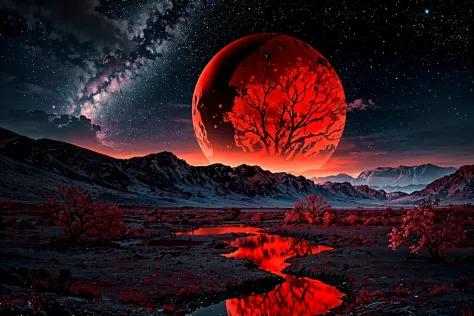 landscape, alien planet, black hole, red mountains covered with red trees, ((blue reflective bubbles in the air)), dark bleak night sky,