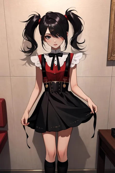 (masterpiece, best quality),  intricate details,
1girl,    <lora:amechan:0.8> black eyes, black hair, twintails, jirai kei, suspenders, red shirt, black skirt, black socks, kneehighs, mary janes