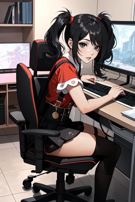 (masterpiece, best quality),  intricate details,
1girl,    <lora:amechan:0.8> black eyes, black hair, twintails, jirai kei, suspenders, red shirt, black skirt, black socks, kneehighs, mary janes
 <lora:ARWgameroomconcept:0.8> gameroomconcept, desk, computer, monitors, keyboard, gaming, computer chair,