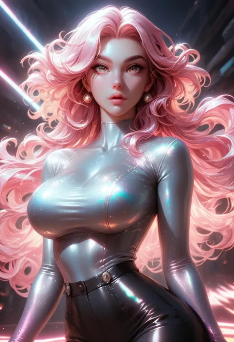 score_9,score_8_up,score_7_up, 8k, skindentation, large breasts, cleavage, long pale glittery pink hair, glowing holographic hair extensions, hair floating as if it has a life of it's own, glossy lips, thick contoured eyebrows, shiny skin, cyberpunk, scifi, neon lights, holographic clothes made of ral-hlgrphic, intricate artistic color, cinematic light, radiant, vibrant, highly color focused, ((perfect face))