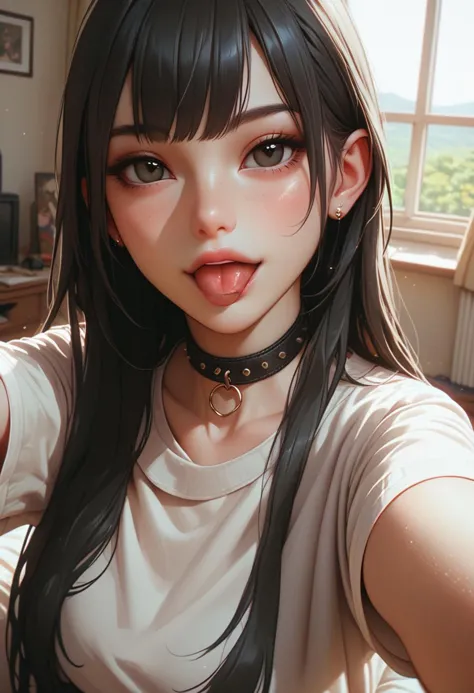 score_9, score_8_up, score_7_up, 1girl, long hair, black hair, bangs, white shirt, choker, indoors, playful expression, tongue out, looking at camera, collar, black eyes, close-up, solo, selfie, casual