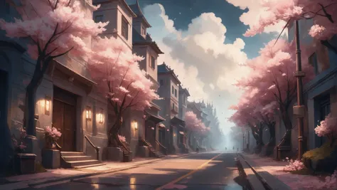 anime style, (soft paranormal romance digital painting:2.2), cherry blossom road in a indescribable,utopian fantasy cloud metrop...