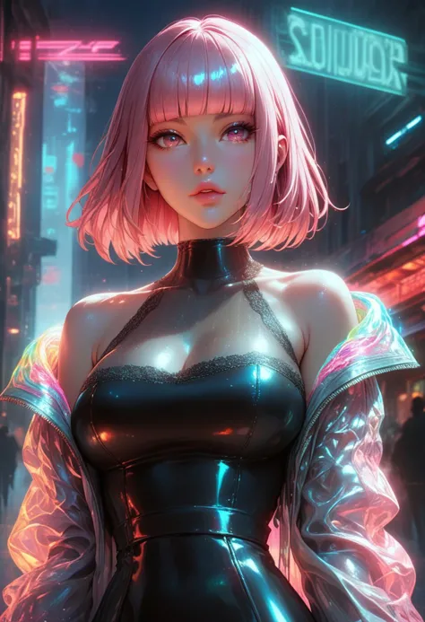 score_9,score_8_up,score_7_up, 8k, skindentation, large breasts, cleavage, long pale glittery pink hair, glowing holographic hair extensions, blunt cut bangs, glossy lips, thick contoured eyebrows, shiny skin, cyberpunk, scifi, neon lights, holographic jacket made of ral-hlgrphic, bare shoulders, low cut short glossy black dress, exquisite lace, intricate artistic color, cinematic light, radiant, vibrant, highly color focused, ((perfect face))