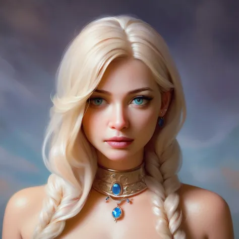 a close up of a woman with long blonde hair wearing a necklace