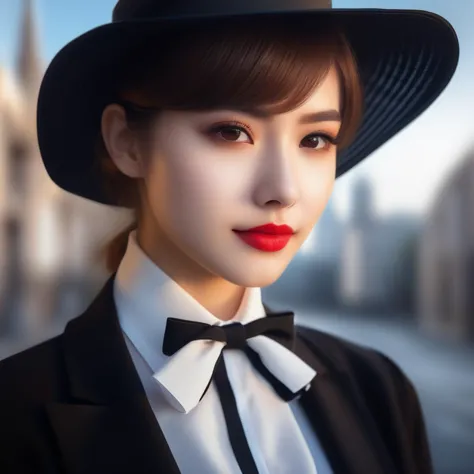 a close up of a woman wearing a hat and a suit