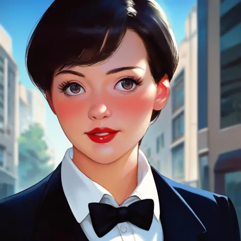 anime girl with short black hair wearing a black suit and bow tie