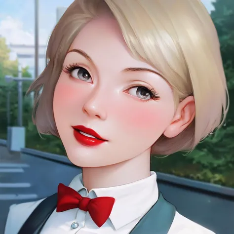 anime girl with blonde hair and red bow tie in a city