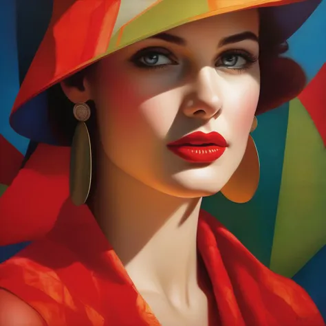 a close up of a woman wearing a colorful hat and red dress