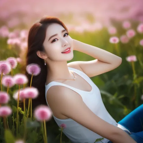 a close up of a woman sitting in a field of flowers