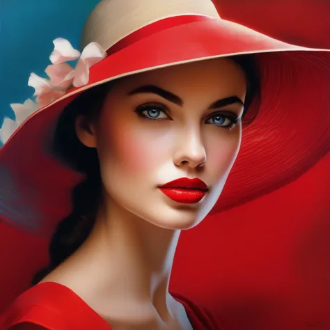 a close up of a woman wearing a red hat and red lipstick