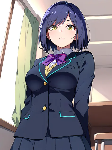 anime girl in uniform standing in a room with a window